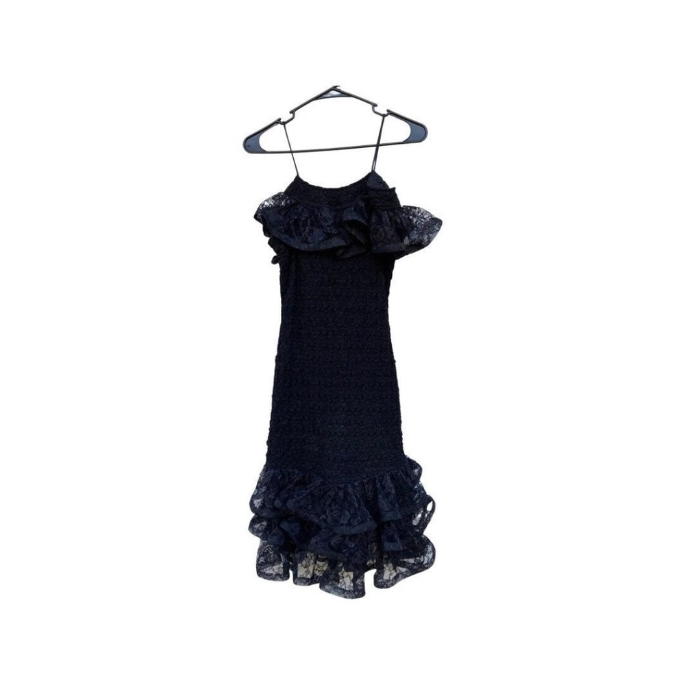 Small | 2 | 4| Vintage 80's Black Lace Ruffle Off the Shoulder formal dress